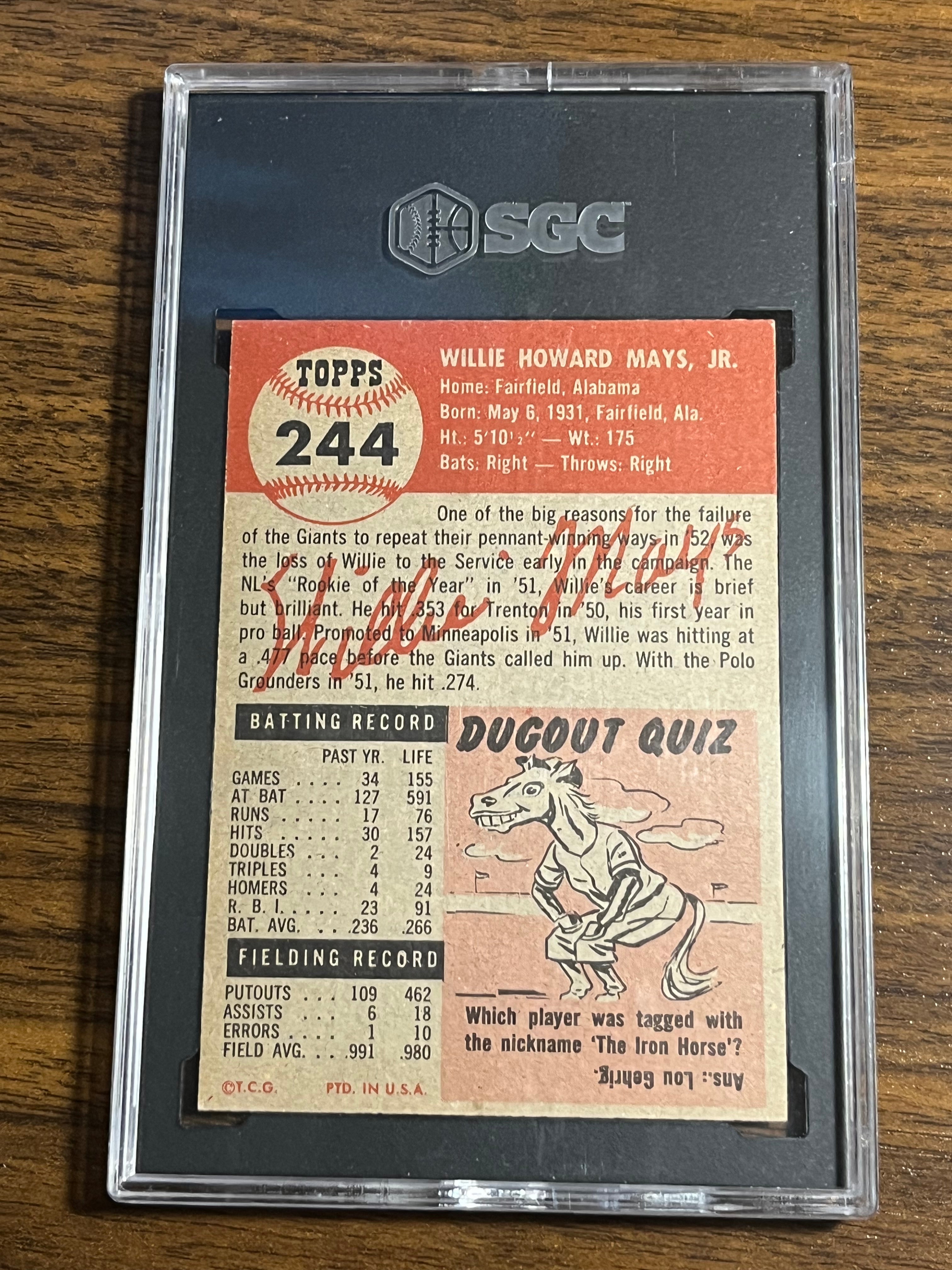 Very Low Pop - 1953 Topps Willie Mays Short Print SGC 7 MBA Bronze