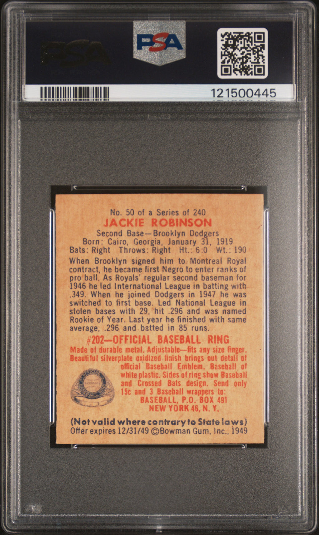 1949 Bowman Jackie Robinson PSA 2.5 MBA Gold