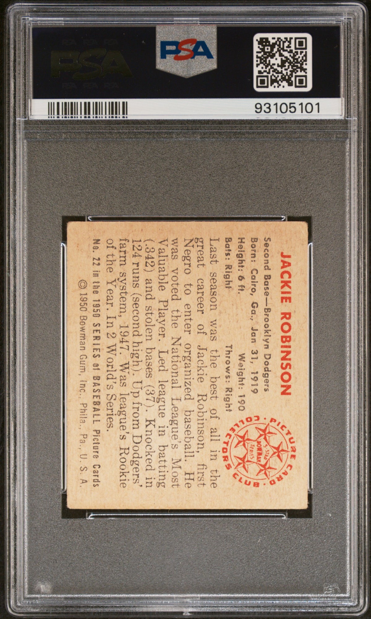 1950 Bowman Jackie Robinson PSA 1.5 MBA 2 Gold