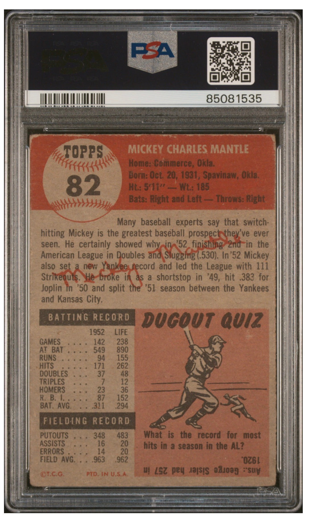 1953 Topps Mickey Mantle #82 PSA 2.5