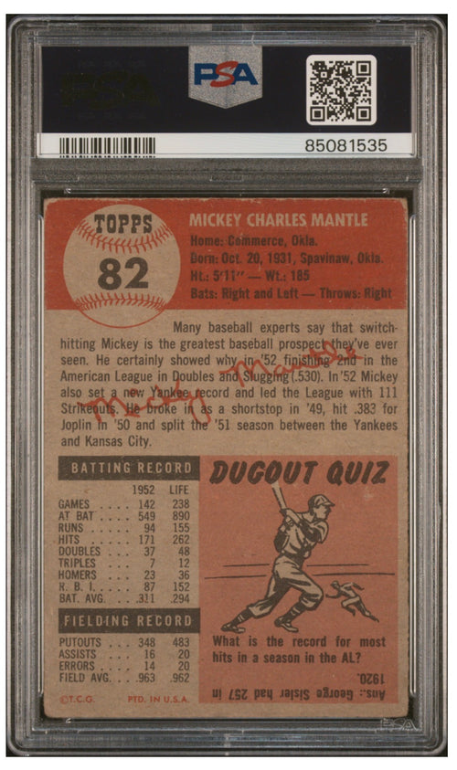 1953 Topps Mickey Mantle #82 PSA 2.5