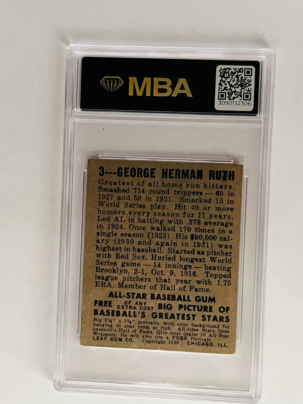Perfectly Centered 1948 Leaf Babe Ruth #3 MBA 3